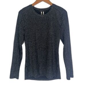 BCBGMaxazria Black Silver Metallic Striped Long Sleeve Stretchy Top Size Medium